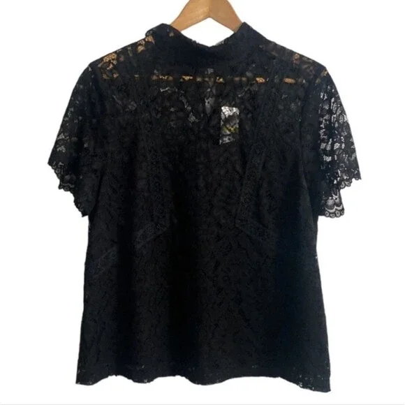 NWT Laundry by Shelli Segal Black Lace Collared Lined Top Women Size M - Picture 3 of 13